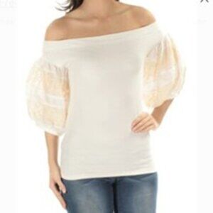 Free People Ivory Rock With It Off the Shoulder Embroidered Sleeve Top NWOT